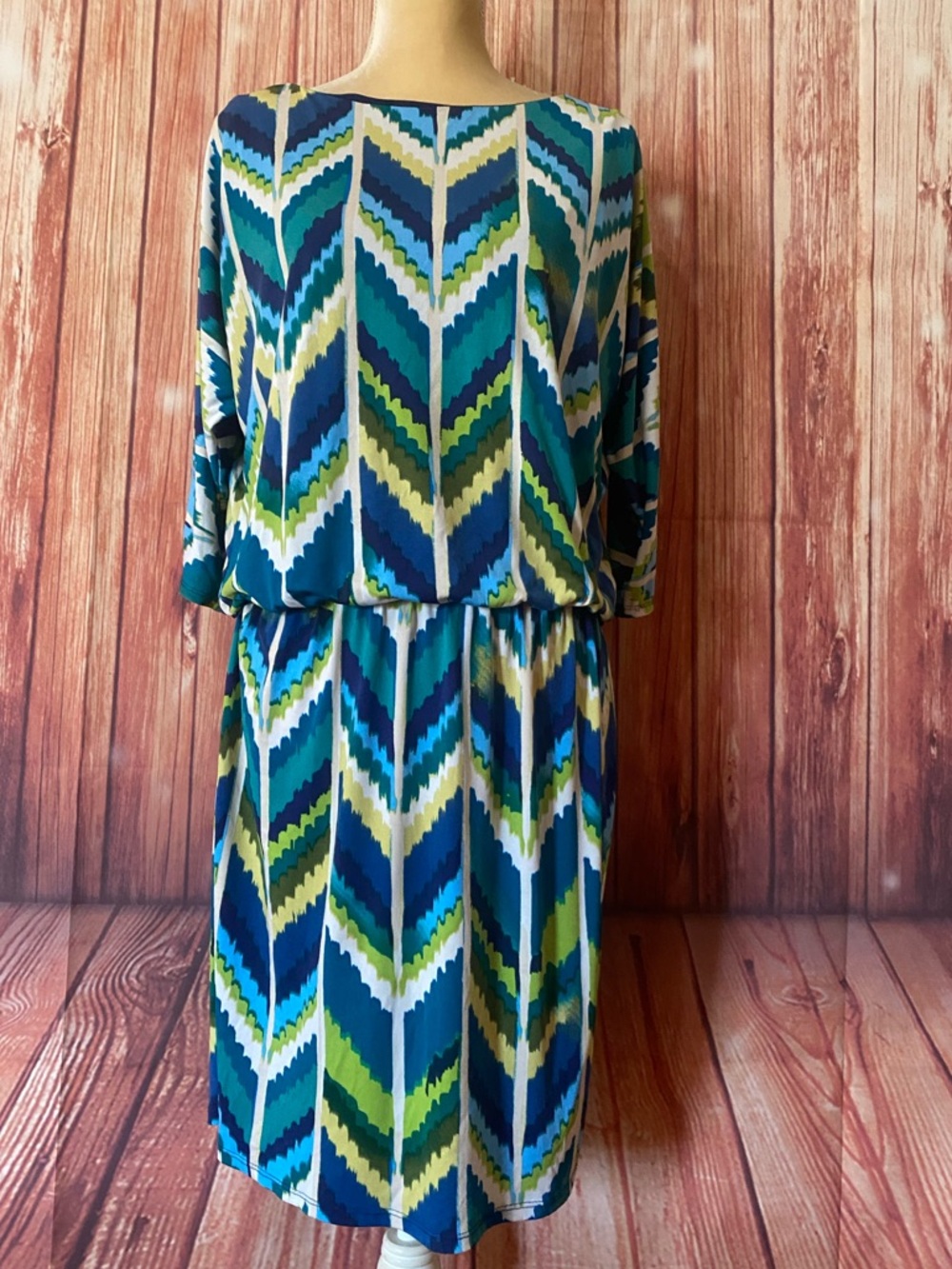 Women’s Size 10 Dress Roz & Ali Abstract Chevron Elastic Waist Silky Stretch